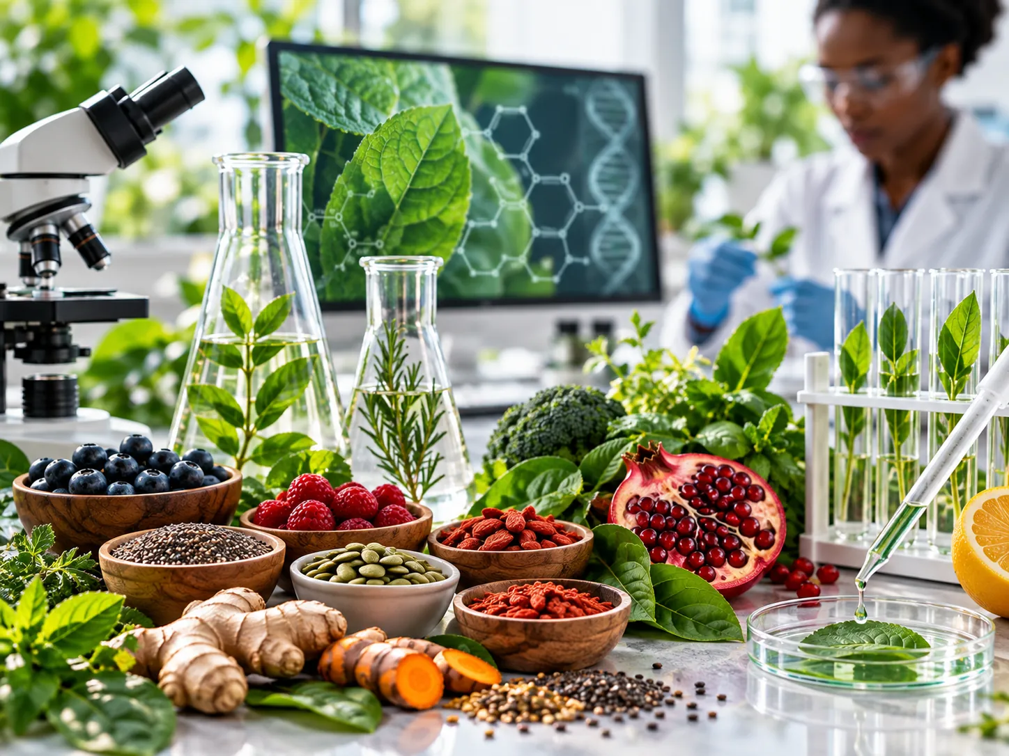 Botanical ingredients presented with a clean science and nutrition aesthetic