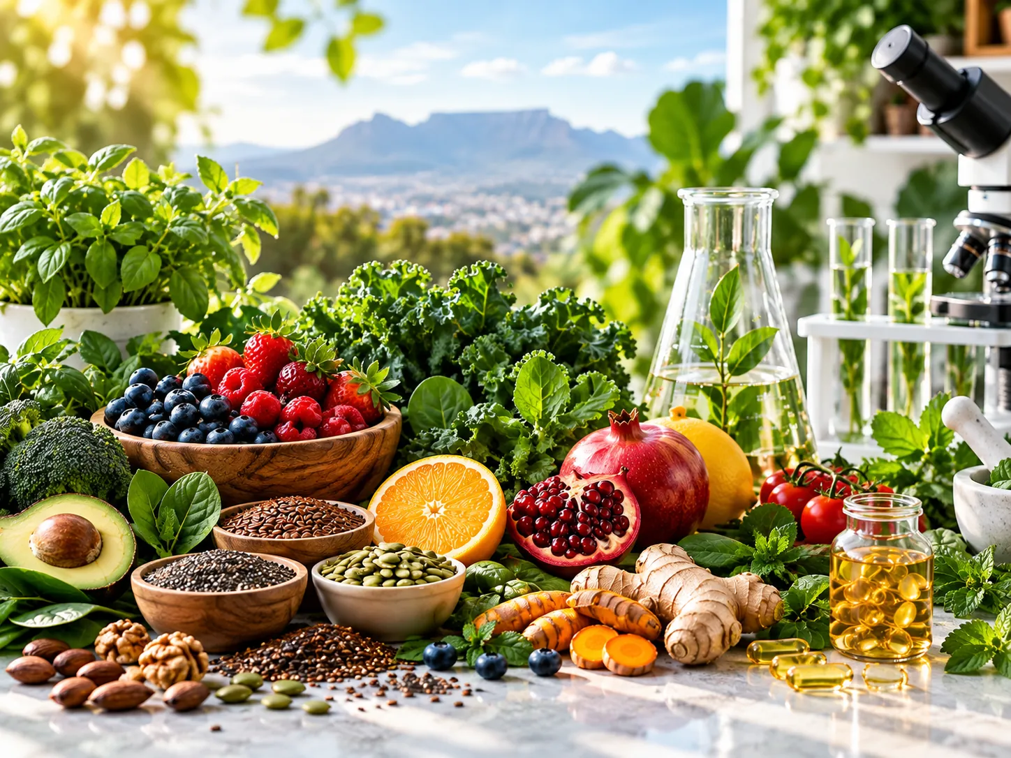 Fresh herbs, seeds, fruits and vegetables